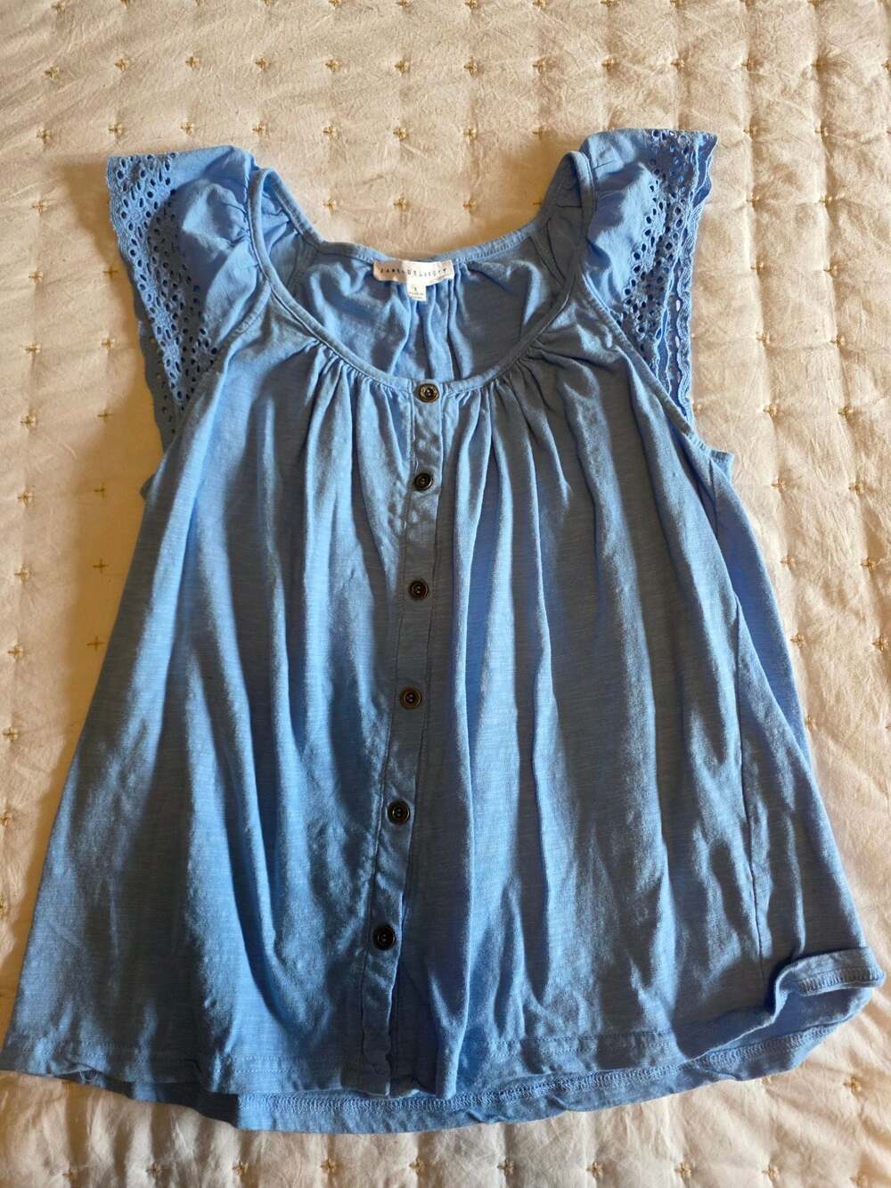 Jane & Delancey Light Blue Button Front Flutter Ruffle Sleeve Eyelet Detail Blou